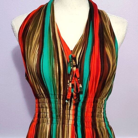 India Batik Colorful Striped High Neck Smocking Waist Jersey Maxi Dress - Picture 3 of 9